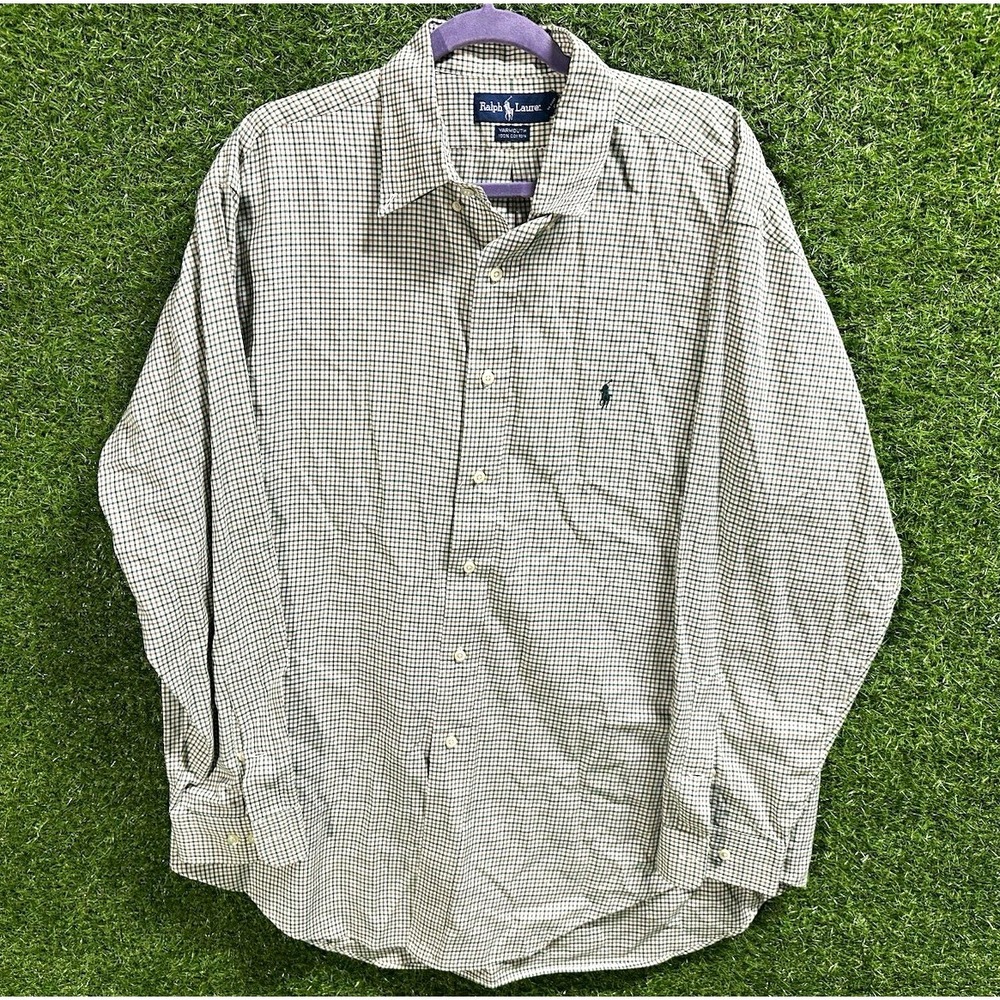 Polo Ralph Lauren Beige Green Check Long Sleeve Button-Up Shirt Mens L 17 34/35